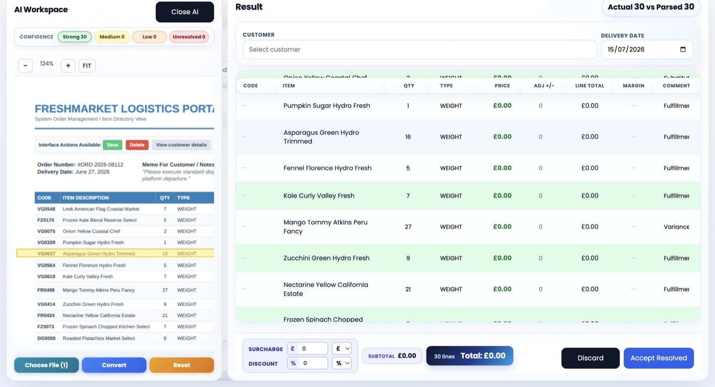 AI order entry: paste a customer order and AAM Solutions parses, matches and prices every line automatically